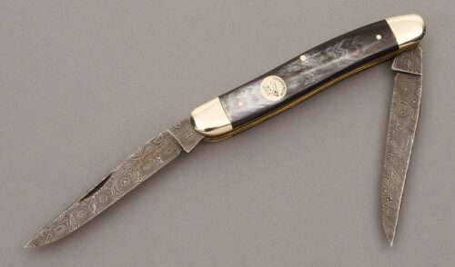 Weidmannsheil Knives Damascus Muskrat with Buffalo Horn Scales handle material - Obverse Side - Item #KLC09510