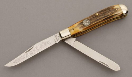 Schrade Cutlery 1982 NKCA Trapper with Burnt Stag Handle Scales handle material - Obverse Side - Item #KLC09533