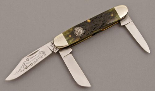 Case Cutlery 1987 NKCA Club Stockman with Green Jigged Bone Handles handle material - Obverse Side - Item #KLC09535
