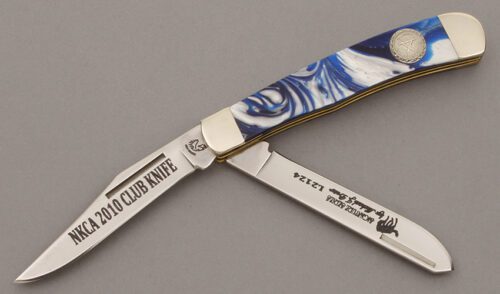 Painted Pony 2010 NKCA Club Trapper with Blue Lagoon Mica Pearl Scales handle material - Obverse Side - Item #KLC09543