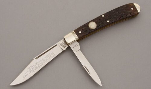 Camillus Cutlery 1998 NKCA Club Trapper with Brown Jigged Bone Scales handle material - Obverse Side - Item #KLC09554