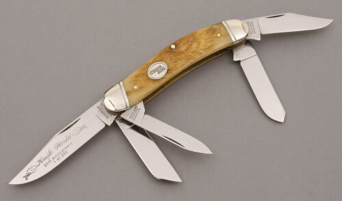 Winchester Knives Knife World 5 Blade Sowbelly with Blonde Jigged Bone Scales handle material - Obverse Side - Item #KLC09558