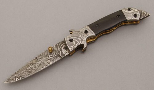Unknown Maker Damascus Linerlock with Horn Handle Scales handle material - Obverse Side - Item #KLC09574