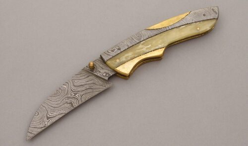 Unknown Maker Damascus Linerlock with Brass & Damascus Handles handle material - Obverse Side - Item #KLC09575