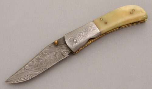 Unknown Maker Damascus Linerlock with Smooth Natural Bone Scales handle material - Obverse Side - Item #KLC09576