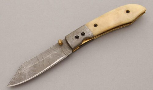 Unknown Maker Damascus Linerlock with Smooth Natural Bone Scales handle material - Obverse Side - Item #KLC09577