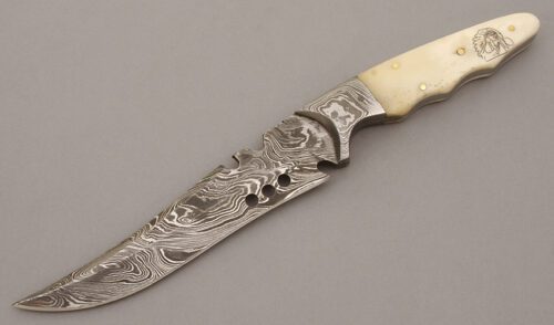 Unknown Maker Damascus Fighter with Smooth Natural Bone Scales handle material - Obverse Side - Item #KLC09580