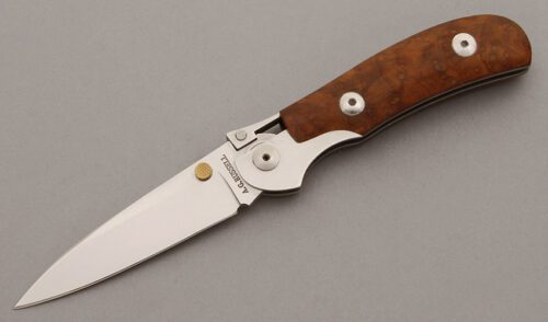 A.G. Russell K87C One Hand Knife with Maple Burl Wood Scales handle material - Obverse Side - Item #KLC09606