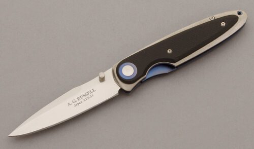 A.G. Russell Blue Racer Linerlock with Titanium Frame handle material - Obverse Side - Item #KLC09607
