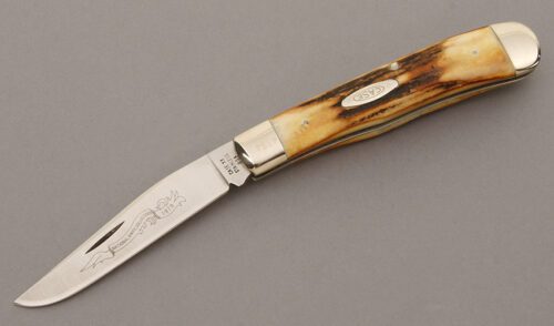 Case Cutlery 1979 NKCA Club Trapper with Burnt Stag Handle Scales handle material - Obverse Side - Item #KLC09611