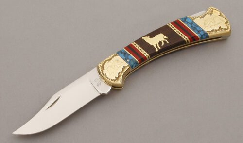 Buck/Yellowhorse Model 112 Lockback with Brass Frame handle material - Obverse Side - Item #KLC09624