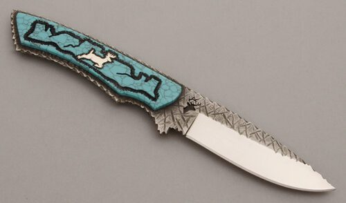 Buck/Yellowhorse Deer Mountain with Turquoise Onlays handle material - Obverse Side - Item #KLC09628