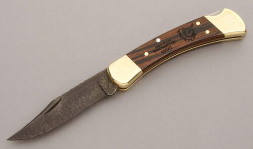 Buck/Yellowhorse Model 110 Lockback with Wood Micarta Handle Scales handle material - Obverse Side - Item #KLC09629