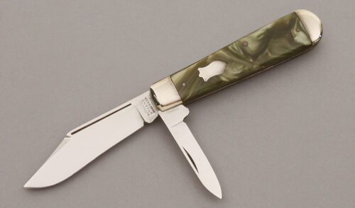 Kutmaster Two Blade Jack with Green Swirl Celluloid Scales handle material - Obverse Side - Item #KLC09638