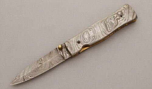 Unknown Maker Damascus Linerlock Folder with Damascus Steel Handles handle material - Obverse Side - Item #KLC09674