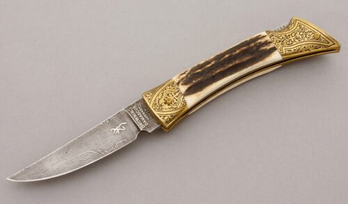Browning Knives Damascus Lockback Folder with Stag Handle Scales handle material - Obverse Side - Item #KLC09677