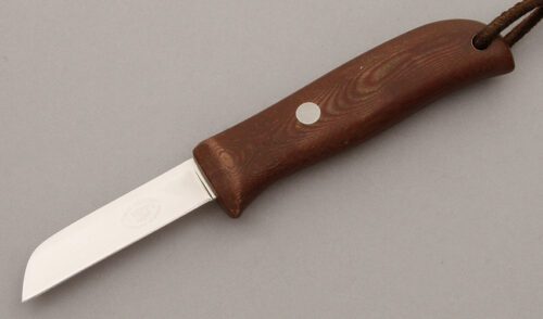 Robert Terzuola Utility Knife with Brown Linen Micarta handle material - Obverse Side - Item #KLC09700