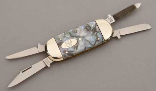 Bulldog Knives Baby Elephant Toenail with Blue Pearl Celluloid Scales handle material - Obverse Side - Item #KLC09720