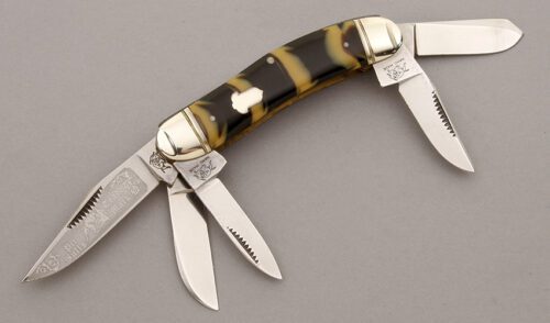 Bulldog Knives Sowbelly with Black & Tan Celluloid Scales handle material - Obverse Side - Item #KLC09722