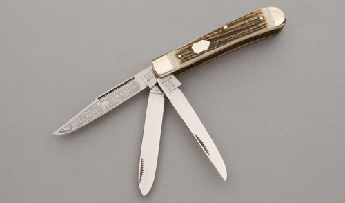 Bulldog Knives Three Blade Trapper with Stag Handle Scales handle material - Obverse Side - Item #KLC09728
