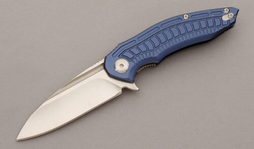Brous Blades Bionic Flipper Linerlock with Blue Aluminum Frame handle material - Obverse Side - Item #KLC09740
