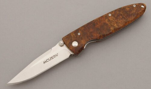 Mcusta Knives Linerlock with Chinese Quince Burl Wood handle material - Obverse Side - Item #KLC09743