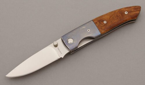 A.G. Russell Linerlock Folder with Chinese Quince Wood Scales handle material - Obverse Side - Item #KLC09751