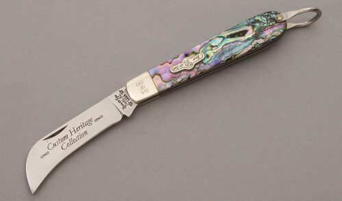 Bear & Son Cutlery Custom Hertiage Hawkbill with Abalone Shell Handle Scales handle material - Obverse Side - Item #KLC09759