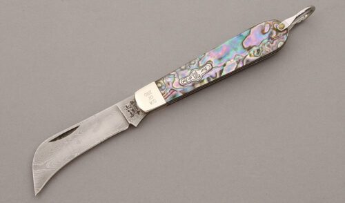 Bear & Son Cutlery Heritage Damascus Hawkbill with Abalone Shell Handle Scales handle material - Obverse Side - Item #KLC09761