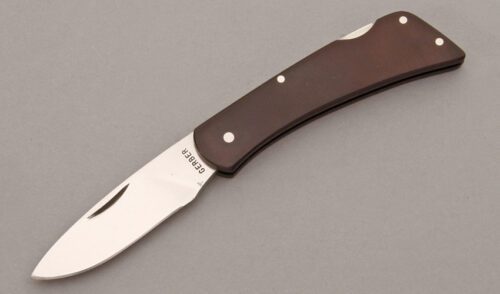 Gerber Knives LST Lockback with Maroon Micarta Handles handle material - Obverse Side - Item #KLC09771