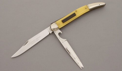 Schrade Walden Model #208 Fisherman's Special with Yellow Delrin Handle Scales handle material - Obverse Side - Item #KLC09773