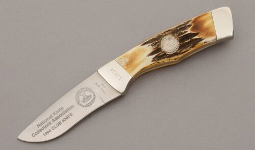 Bear & Son Cutlery 1994 NKCA Club Knife with Burnt Stag Handle Scales handle material - Obverse Side - Item #KLC09786