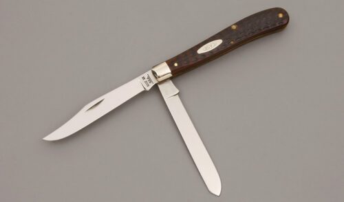 Case Cutlery 10 Dot 62048SP Slim Trapper with Brown Jigged Bone Scales handle material - Obverse Side - Item #KLC09820