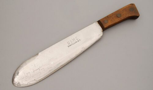 USMC Corpsman Medical Blade with Wood Handles handle material - Obverse Side - Item #KLC09822
