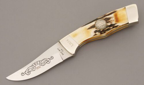 Bear & Son Cutlery NKCA Youth Club Knife 1992 with Burnt Stag Handle Scales handle material - Obverse Side - Item #KLC09824