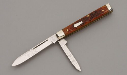 Schatt & Morgan 042266 Dr's Knife with Carmel Worm Groove Jigged Bone handle material - Obverse Side - Item #KLC09846