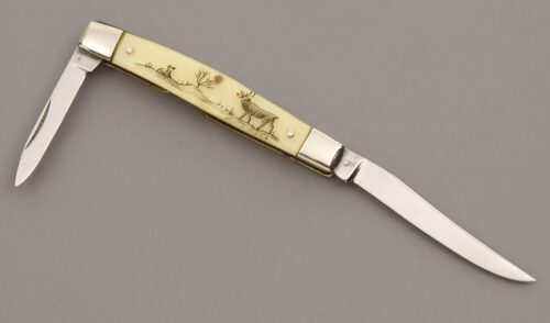 Case Cutlery Two Blade Pen Knife with Yellow Pearl Celluloid handle material - Obverse Side - Item #KLC09884
