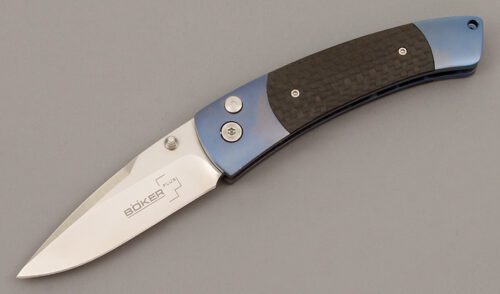 Boker Knives Titanium Blues Button Lock with Carbon Fiber & Titanium handle material - Obverse Side - Item #KLC09893