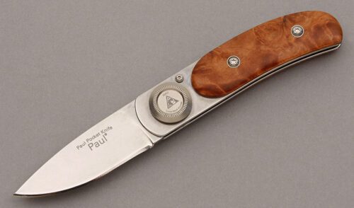 Lone Wolf Knives Paul Pocket Button Lock Folder with Burl Wood Scales handle material - Obverse Side - Item #KLC09896