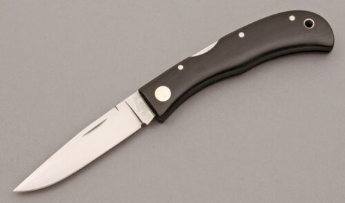 A.G. Russell Jess Horn Design Midlock with Black Linen Micarta Scales handle material - Obverse Side - Item #KLC09902