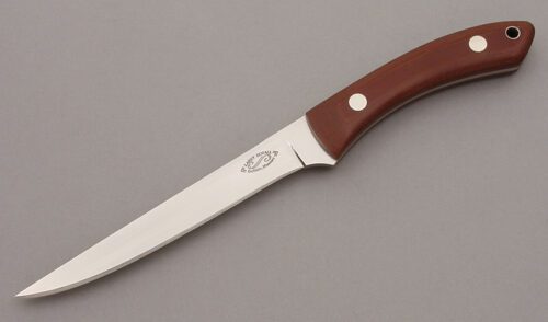 Larry Duvall Fillet Knife with Brown Linen Micarta Scales handle material - Obverse Side - Item #KLC09933