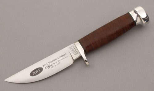 Marble's Knives Boyt Harness Plainsman with Stacked Leather Handle handle material - Obverse Side - Item #KLC09935
