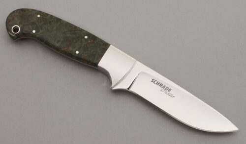 Schrade Cutlery D'Holder Hunter with Green & Gold Maple Burl Wood handle material - Obverse Side - Item #KLC09940