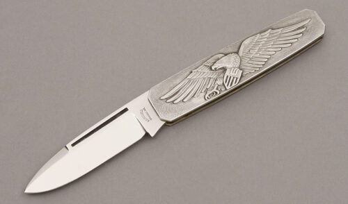 A.G. Russell American Bicentennial Folder with Embossed Stainless Steel handle material - Obverse Side - Item #KLC09955