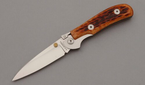 A.G. Russell K87C One Hand Knife with Brown Jigged Bone Scales handle material - Obverse Side - Item #KLC09958