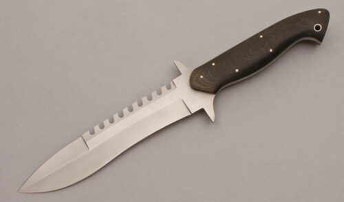 Pacific Cutlery Timba Fighter with Black & Brown Linen Micarta handle material - Obverse Side - Item #KLC09970