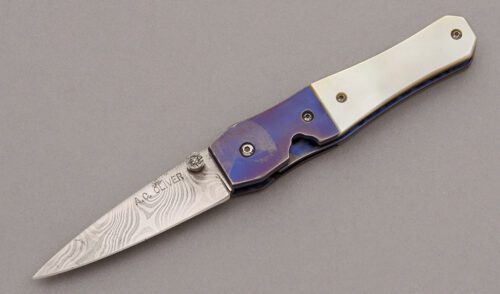 A.C. Oliver Damascus Linerlock Folder with Gold Lip Pearl Scales handle material - Obverse Side - Item #KLC09973