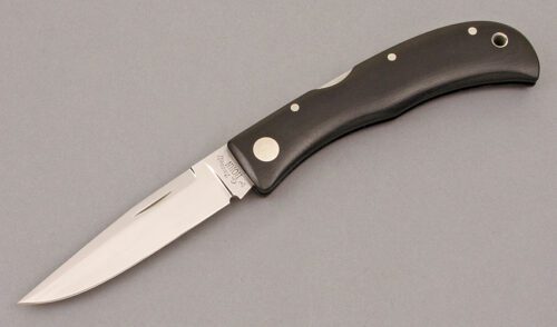 A.G. Russell Jess Horn Midlock Folder with Black Linen Micarta handle material - Obverse Side - Item #KLC09983