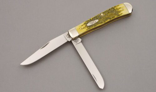 Case Cutlery 06254 Trapper with Mustard Seed Yellow Jiggd Bone handle material - Obverse Side - Item #KLC10010