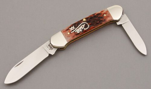 Case Cutlery 62131 Canoe with Cranberry Jigged Bone Scales handle material - Obverse Side - Item #KLC10011